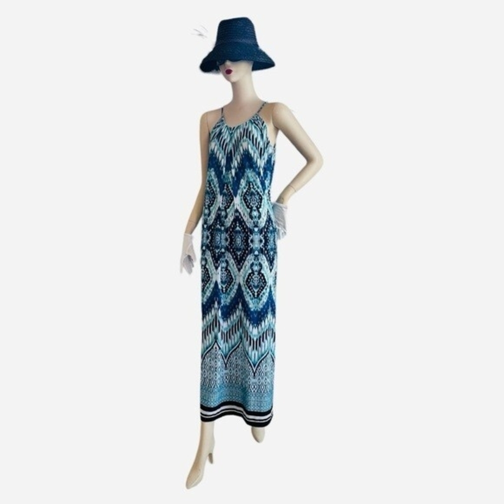 Enfocus Studio Women Maxi Dress 6 Emerald Print Blue Green White Boho Sleeveless - Picture 7 of 13